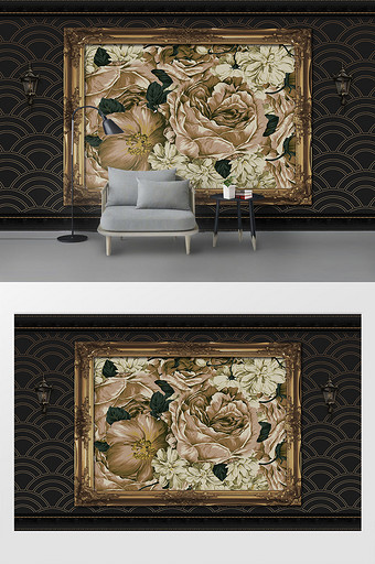 欧式古典油画彩绘黄玫瑰花丛画框背景墙图片