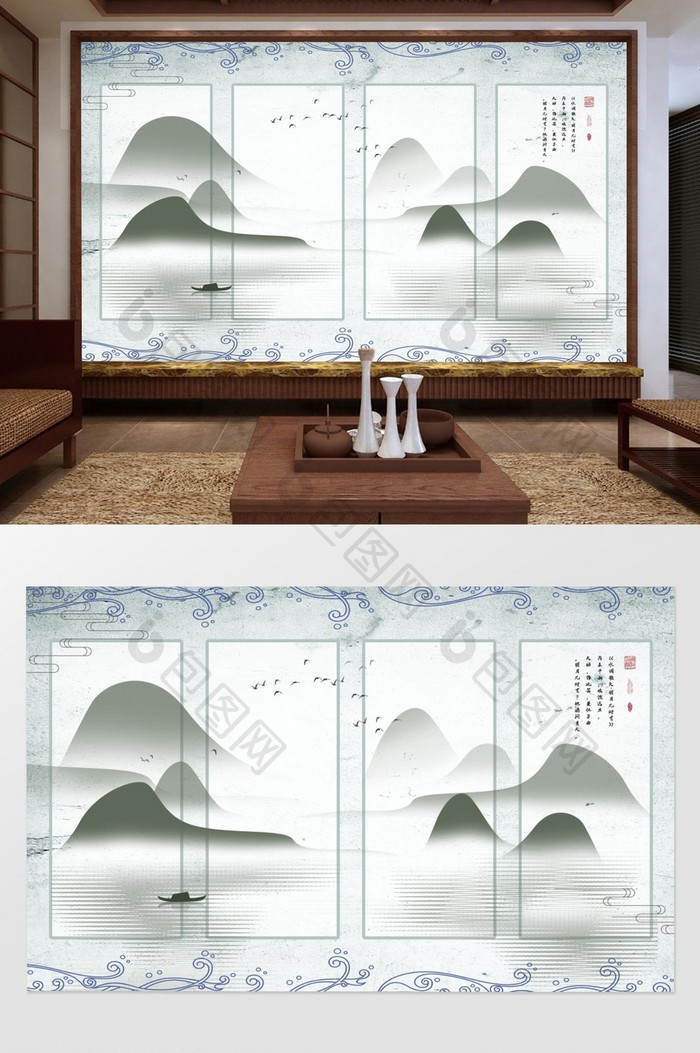 抽象山水新中式水墨电视背景墙