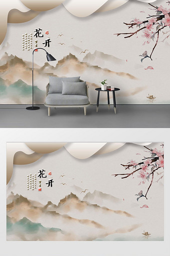 现代新中式手绘梨花工笔山水背景墙装饰画图片