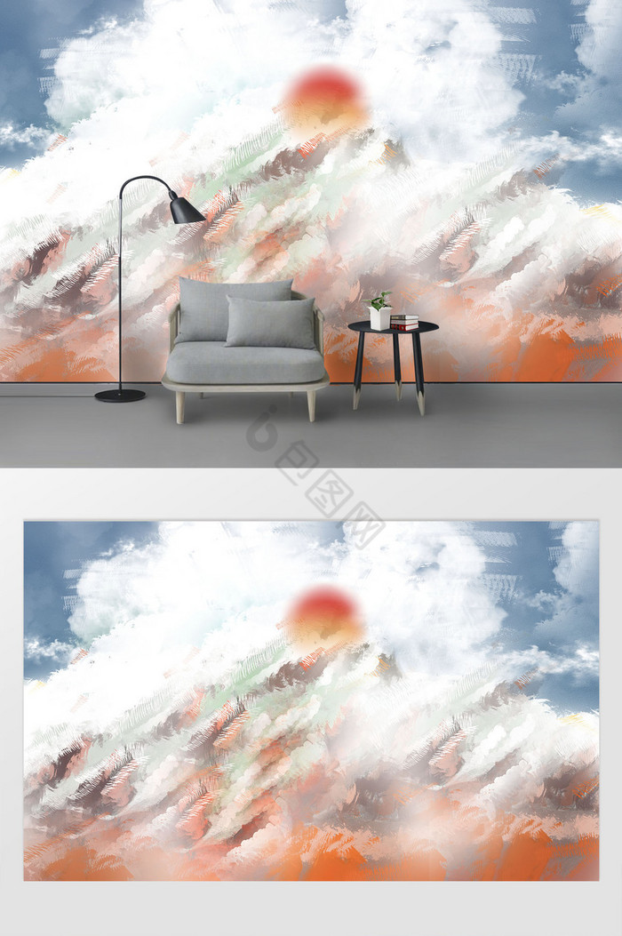 现代手绘油画质地抽象雪山日出背景墙图片