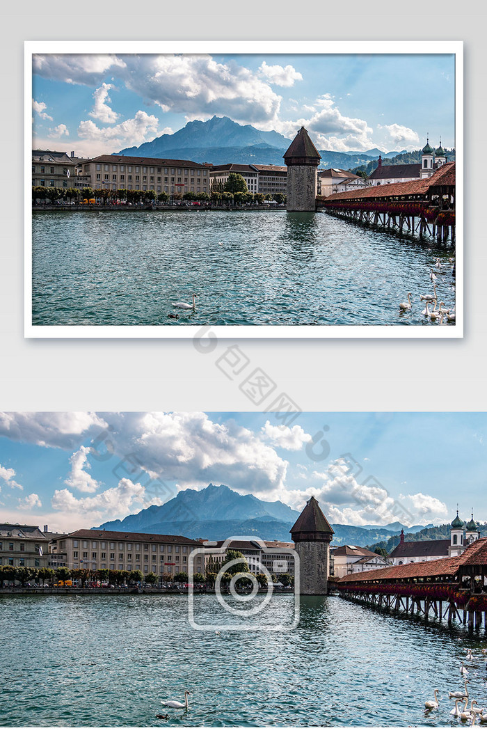 瑞士琉森卡贝尔桥滨湖小城北欧风光摄影图图片图片