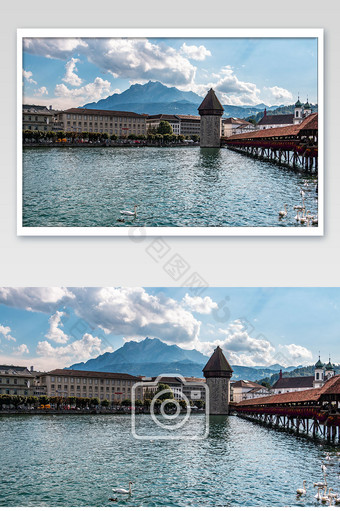 瑞士琉森卡贝尔桥滨湖小城北欧风光摄影图图片