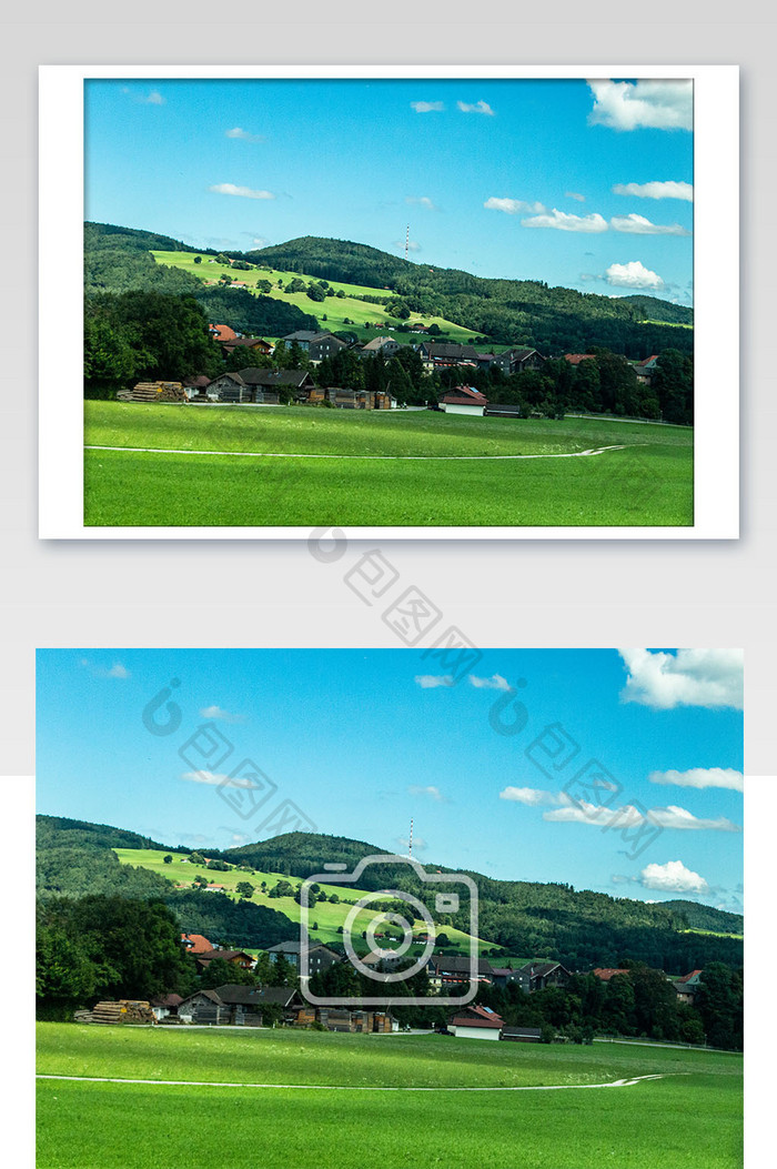 瑞士小镇蓝天绿地小镇草原摄影图