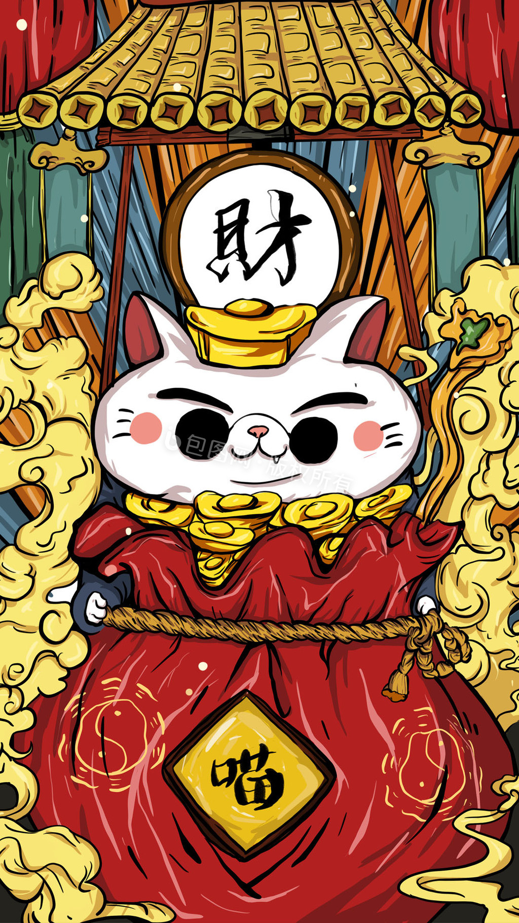 招财猫百宝袋国潮手绘gif插画