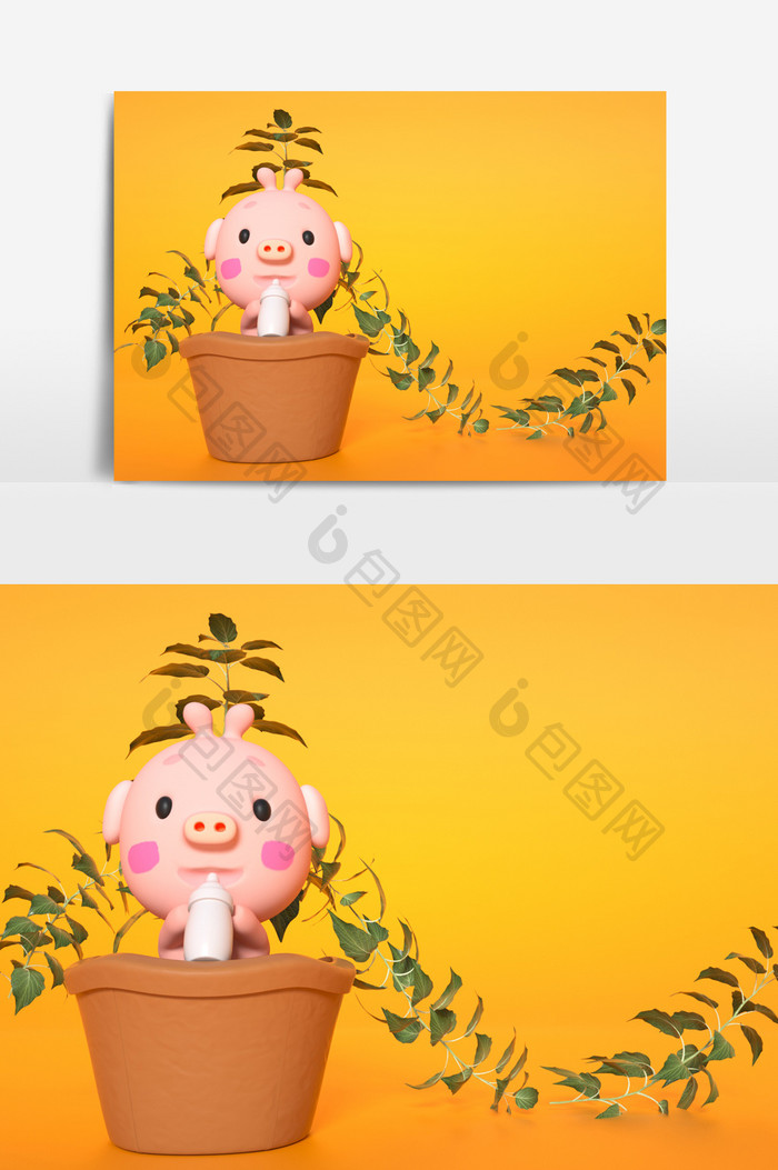 C4D坐在花盆里的卡通小猪（OC渲染器）