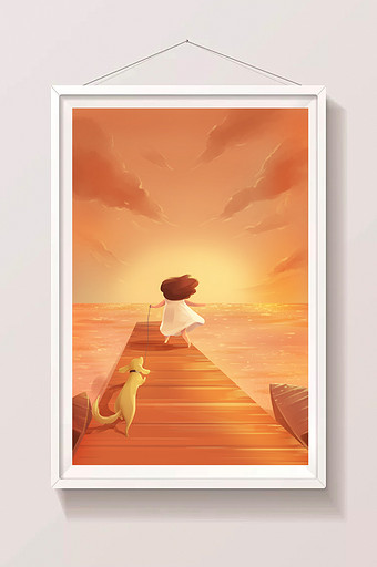 小女孩遛狗码头夕阳下的奔跑插画图片