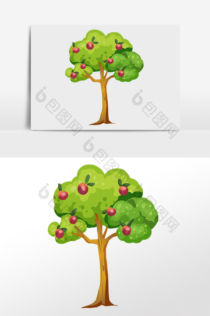 手绘绿色植物红富士果树插画