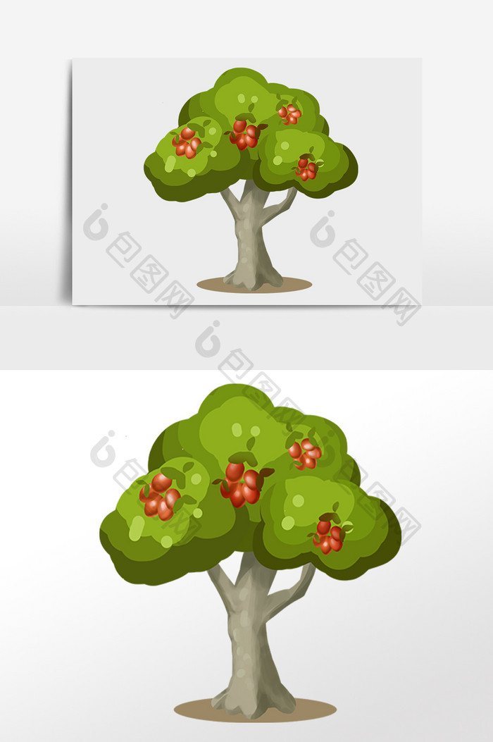 手绘绿色植物果树树木插画