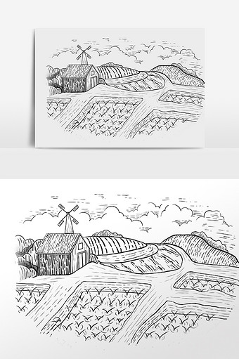 手绘线描简笔画田园风景画插画图片下载