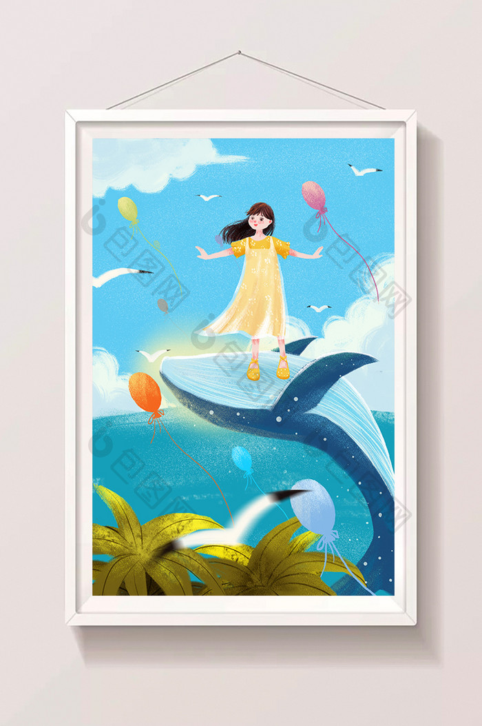 清新扁平世界海洋日大海鲸鱼少女插画