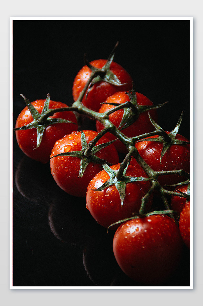 暗调充满水珠的有机番茄摄影图