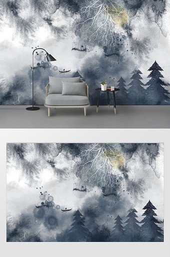 现代静谧山林水间抽象写意手绘背景墙图片
