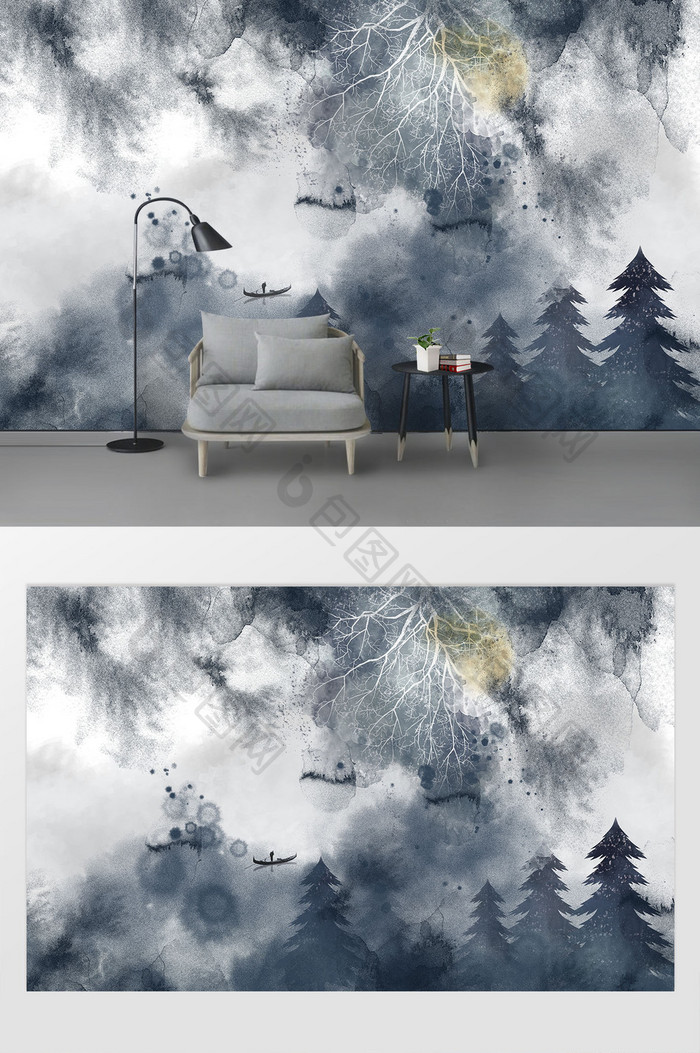 现代静谧山林水间抽象写意手绘背景墙