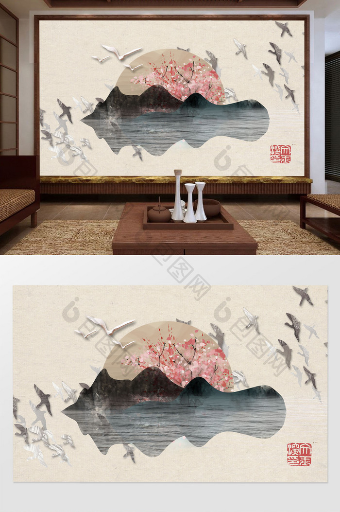 中式唯美写意桃花林山水倒影背景墙