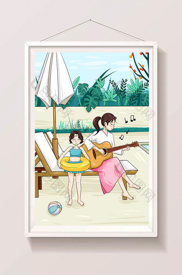大暑节气亲子泳池插画海报