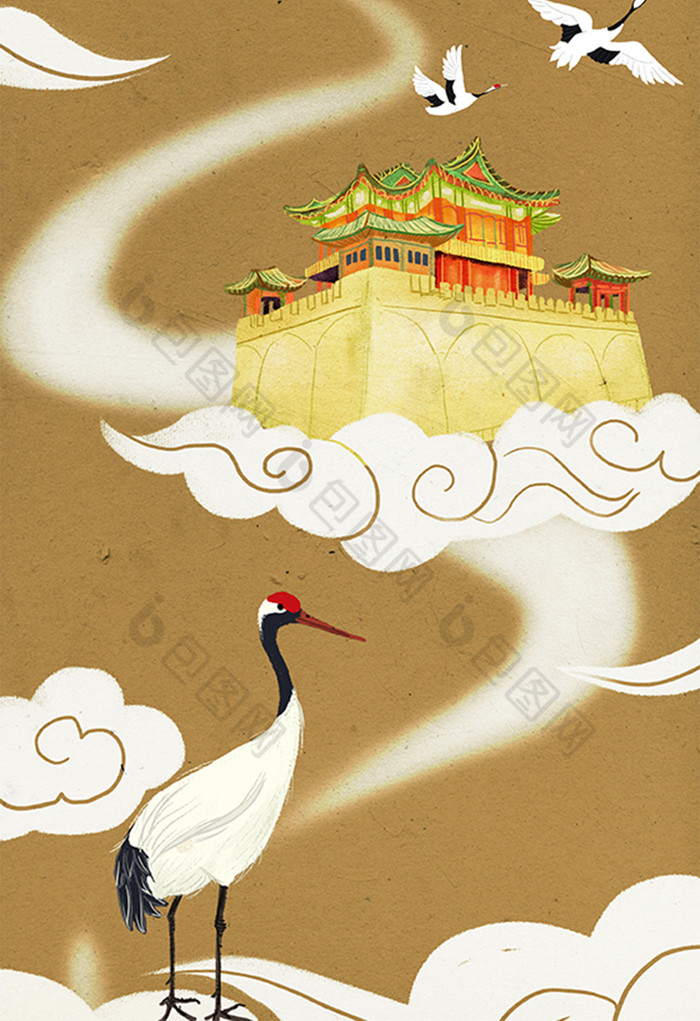 新式博物古建筑文昌阁仙鹤插画