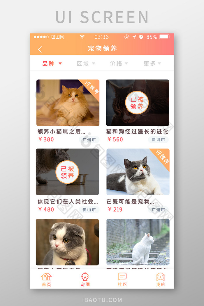 渐变黄橙色扁平简约宠物领养UI移动界面图片图片