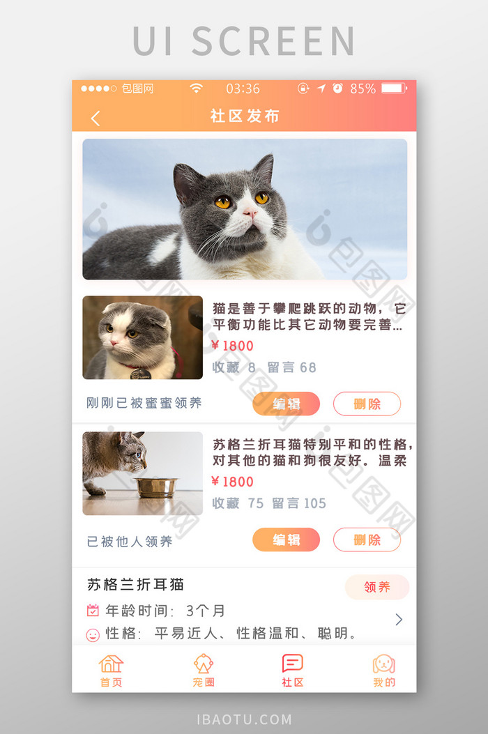 渐变黄橙色扁平简约宠物社区UI移动界面图片图片