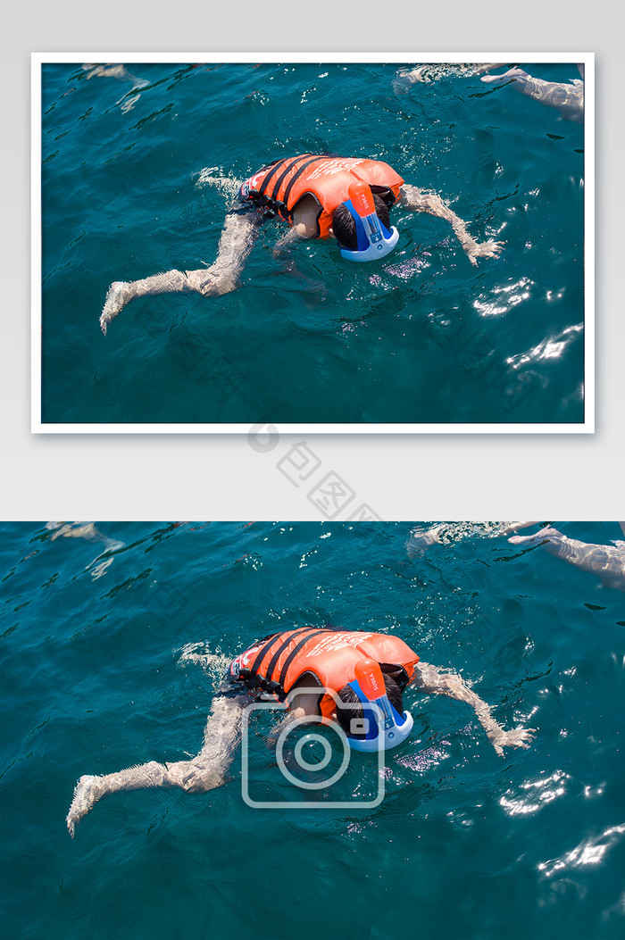 一个人在海里浮潜低头寻找鱼