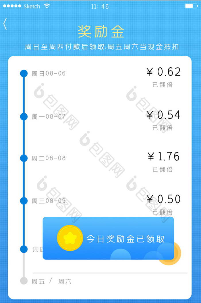 奖励金蓝色纹理背景白色卡片进程收益界面