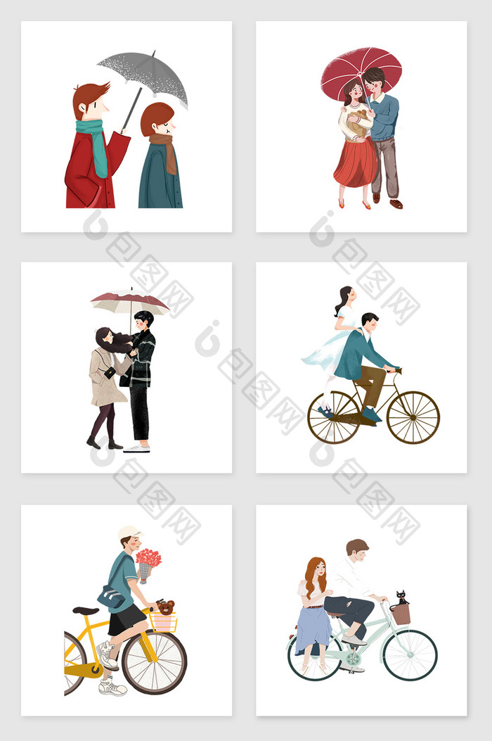 手绘打伞和骑自行车的情侣套图插画