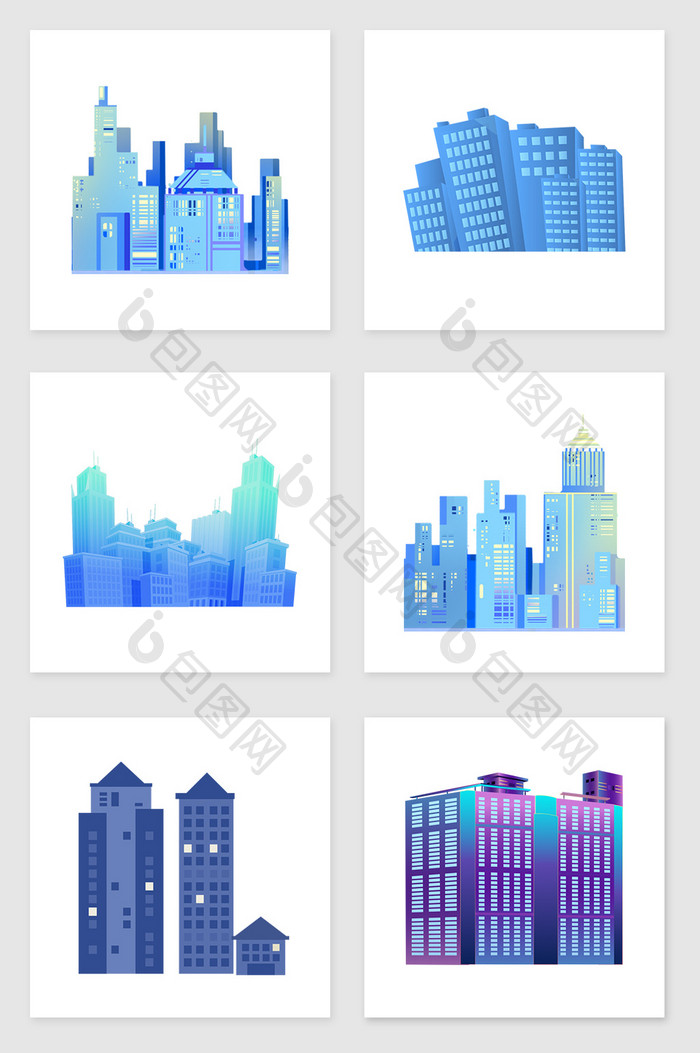 手绘蓝色城市套图插画元素