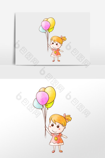 手绘儿童节快乐小女孩玩气球插画图片