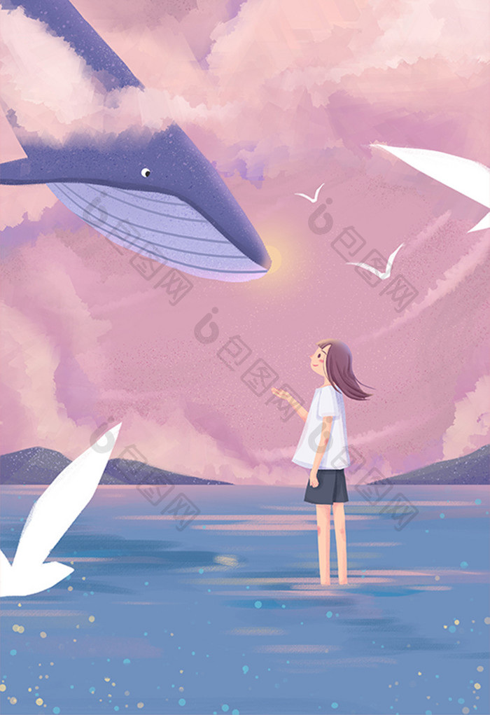清新唯美世界海洋日鲸鱼少女海鸥插画