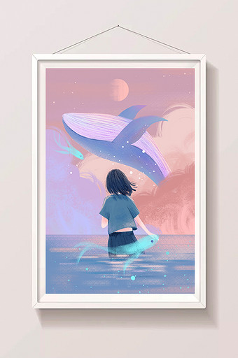 清新唯美世界海洋日鲸鱼大海少女插画图片