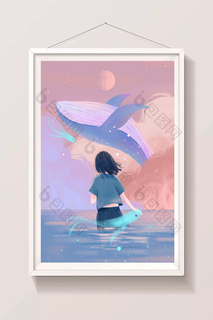 清新唯美世界海洋日鲸鱼大海少女插画