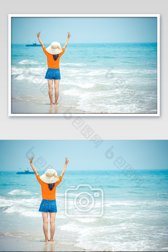 女孩在海边开心的玩耍图片