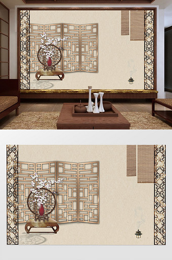 中式古风屏风暖帘香炉场景背景墙图片