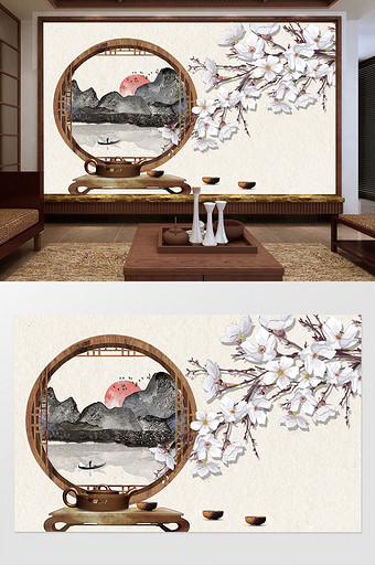 新中式意境茶具花窗远景花枝背景墙图片