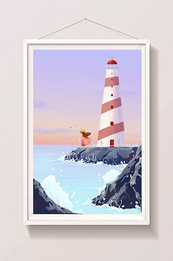 海岛风光观潮与海鸥嬉戏插画图片