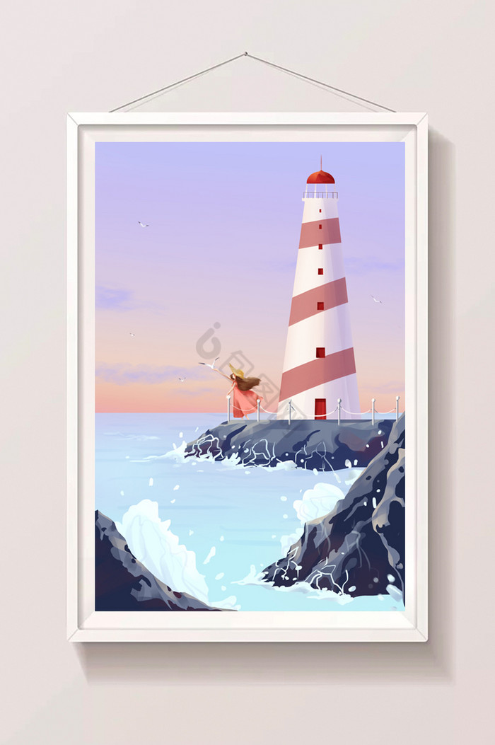 海岛风光观潮与海鸥嬉戏插画图片