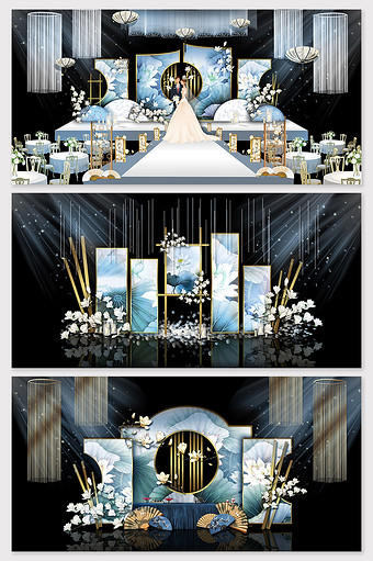 蓝色复古新中式荷花婚礼效果图图片