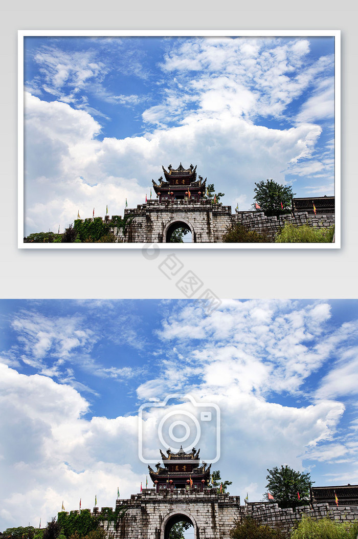 蓝天白云大气青岩古城建筑摄影图片