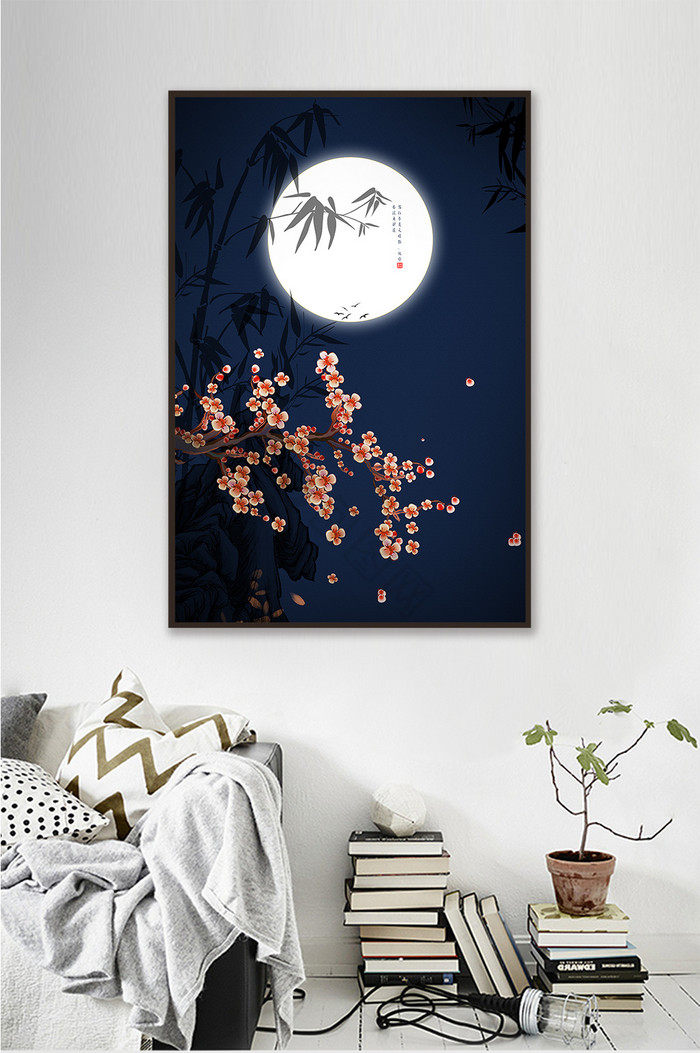 新中式风格蓝色月夜花卉装饰画图片