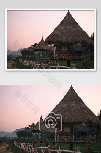 老挝夏季草垛凉亭晚霞风景图片