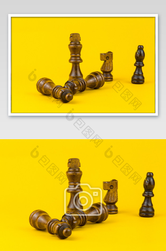黄底棋盘国际象棋摆拍摄影图片