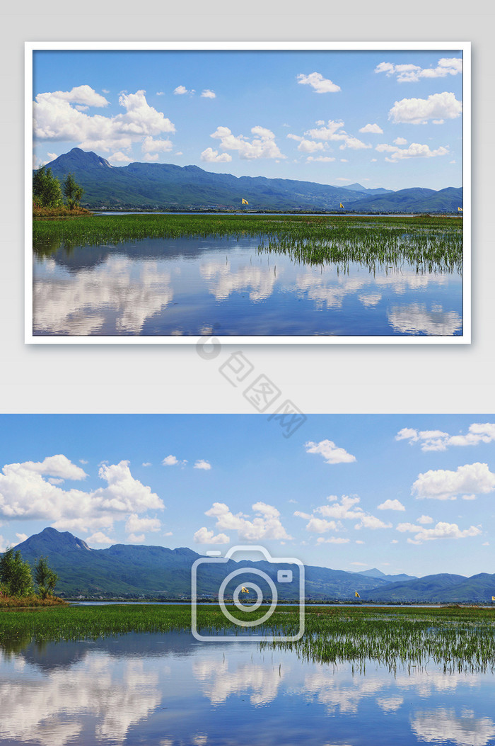 云南蓝天白云山间湖边倒影风景摄影图片
