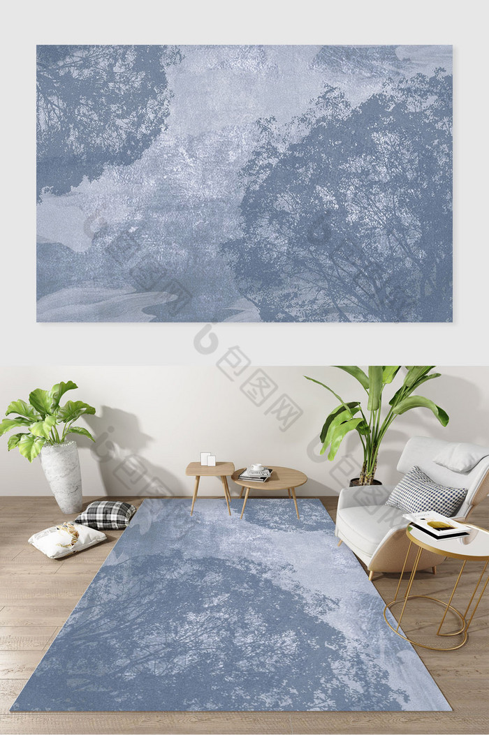 现代北欧蓝灰色抽象树影地毯图案图片图片