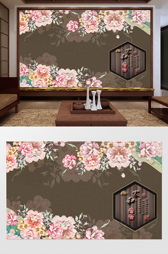 中式棕色背景富贵花开牡丹花家和电视背景墙图片