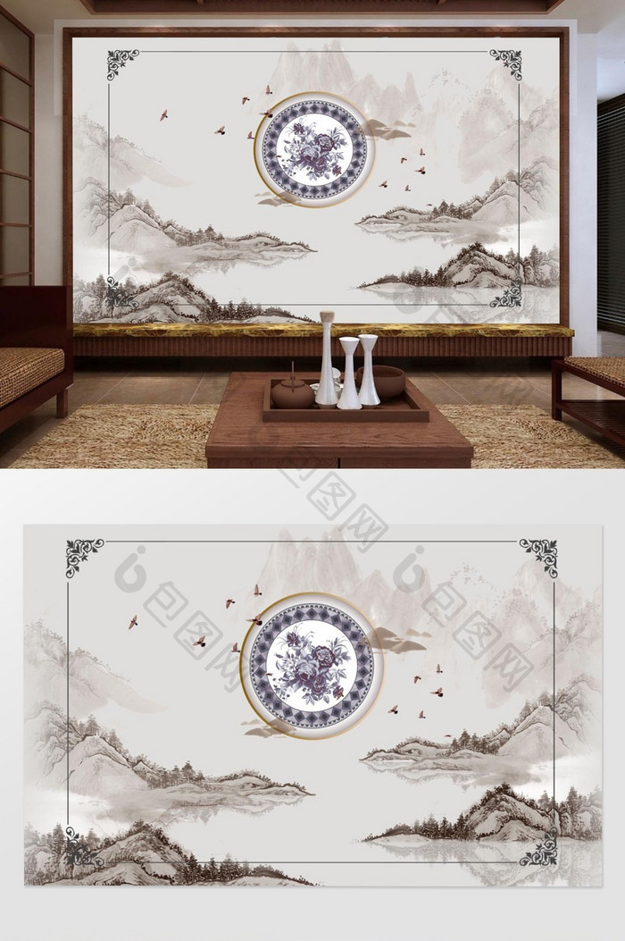 中式意境抽象水墨山水情客厅背景墙壁画