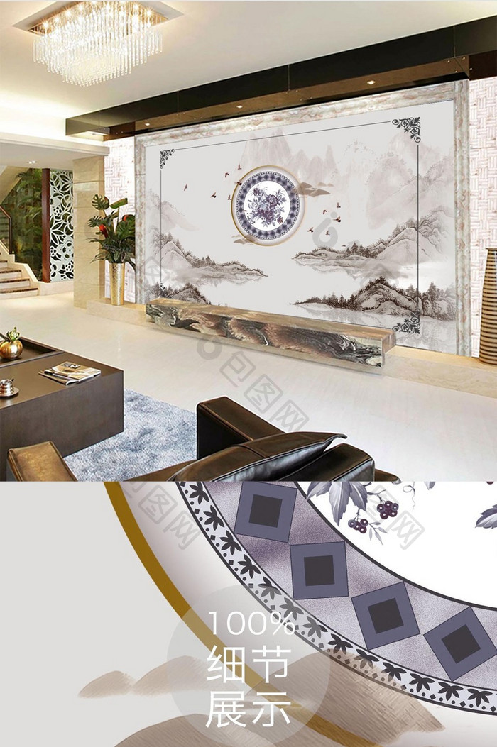中式意境抽象水墨山水情客厅背景墙壁画