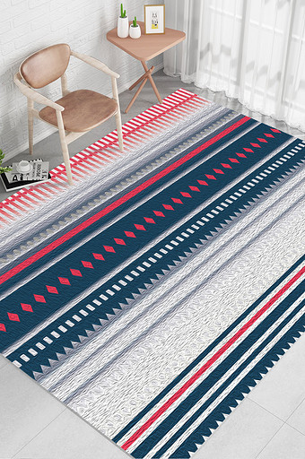 北欧时尚蓝白红色块抽象几何条纹地毯图案图片