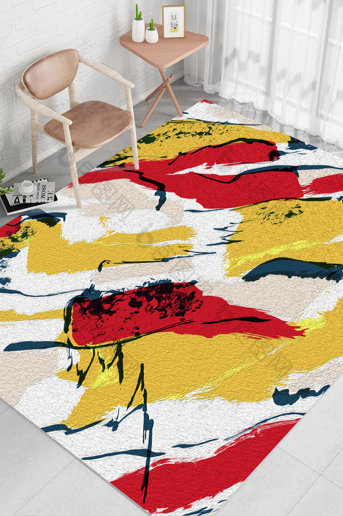 北欧时尚抽象橙黄白色块涂鸦纹理地毯图案