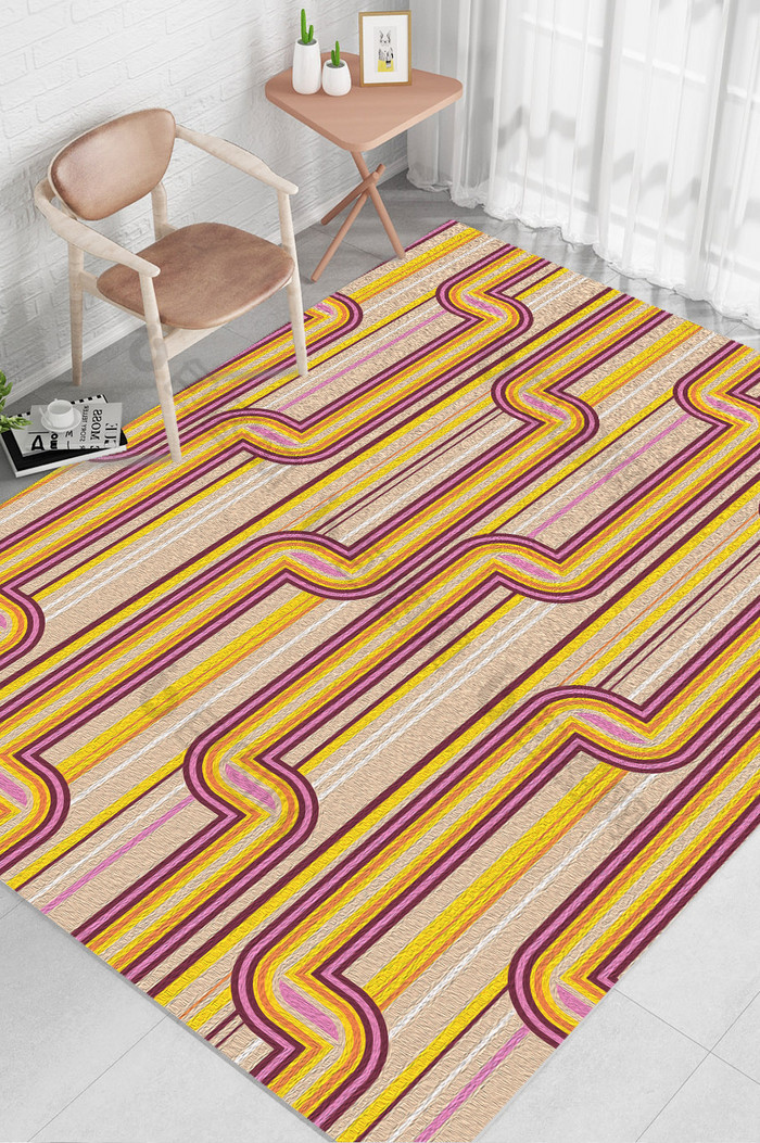北欧现代线条管道橙色系几何条纹图案地毯图图片图片