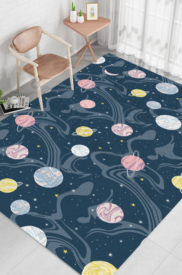 北欧现代多彩卡通几何星球趣味地毯图案