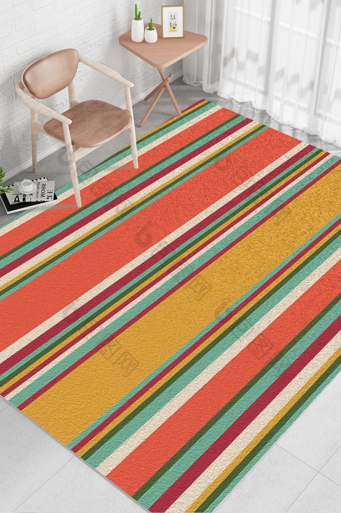 时尚现代北欧黄白橙绿多彩条纹地毯图案